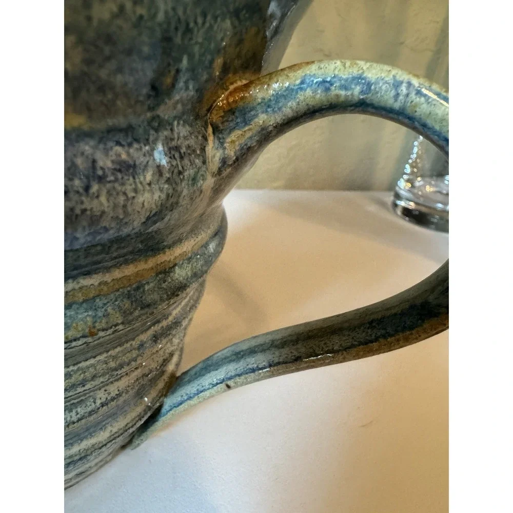 Signed Studio Art Pottery Pitcher Blue Green Earth Tone Glaze 2003 Jug